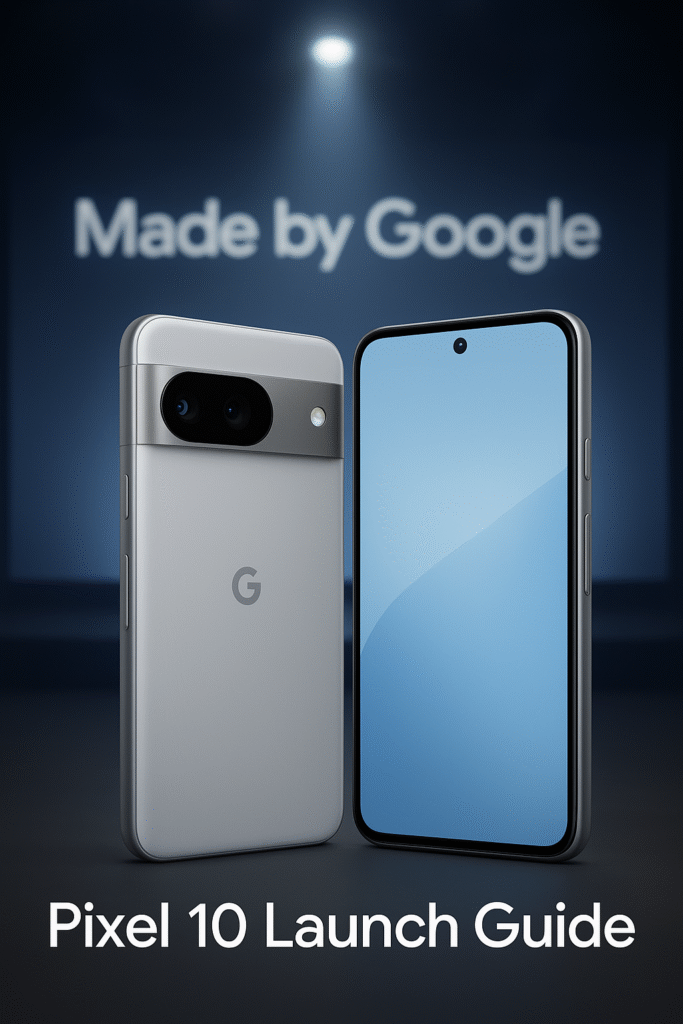 Pixel 10 promotional banner showing sleek design, AI camera features, and launch highlights.