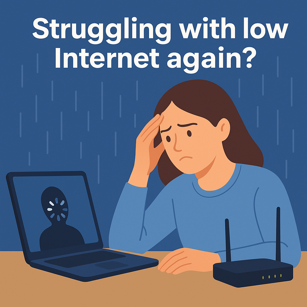 Vector illustration of a frustrated person with Wi-Fi router and rain outside, symbolizing slow internet issues.