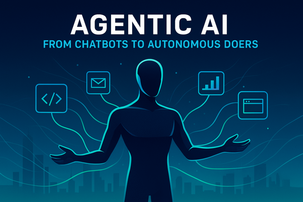 Futuristic Agentic AI illustration showing an autonomous AI agent managing real-world tasks through a connected digital hub.