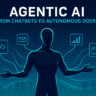 Futuristic Agentic AI illustration showing an autonomous AI agent managing real-world tasks through a connected digital hub.