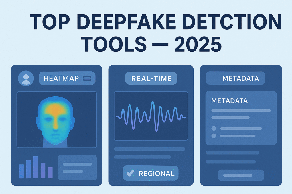 Deepfake detection tools ranked for 2025 – side-by-side comparison of accuracy, features, and reliability, futuristic interface with AI security visuals