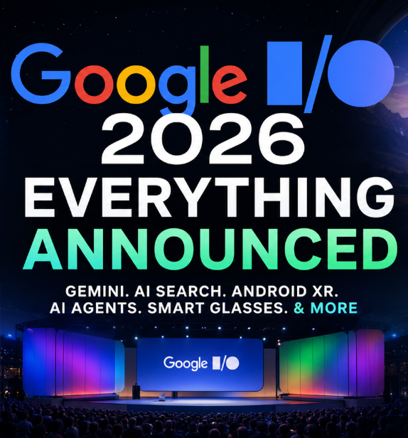 Featured image for Google I/O 2026 showing futuristic Google technologies announced during the event.
