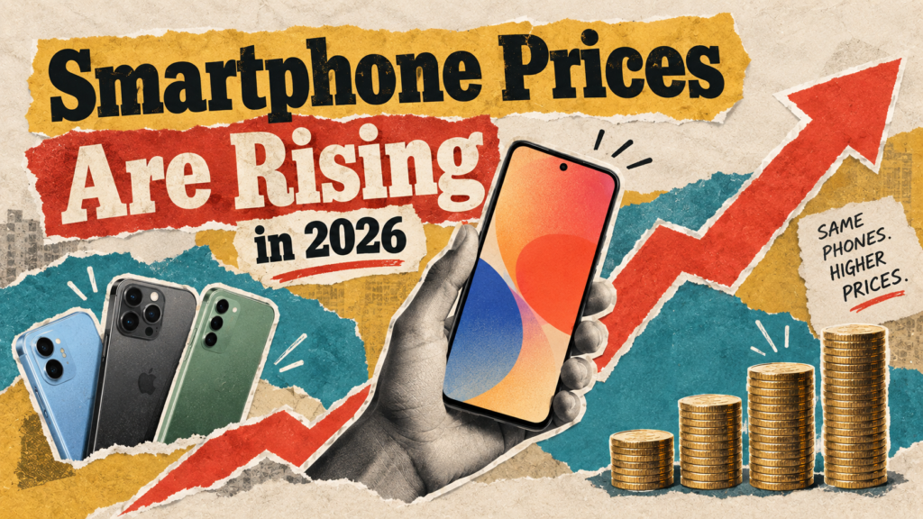 Collage of smartphones, a rising red arrow and stacked coins illustrating smartphone prices rising in 2026