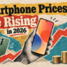 Collage of smartphones, a rising red arrow and stacked coins illustrating smartphone prices rising in 2026