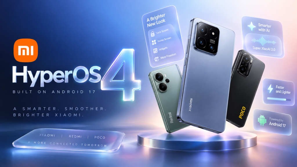 HyperOS 4 banner showing Xiaomi, Redmi and POCO phones with feature cards for the new look, AI and Android 17