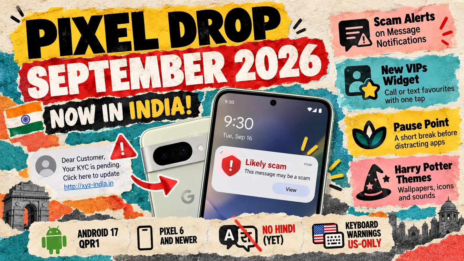 Google Pixel showing a likely-scam message alert, with September 2026 Pixel Drop features including the VIPs widget and Pause Point