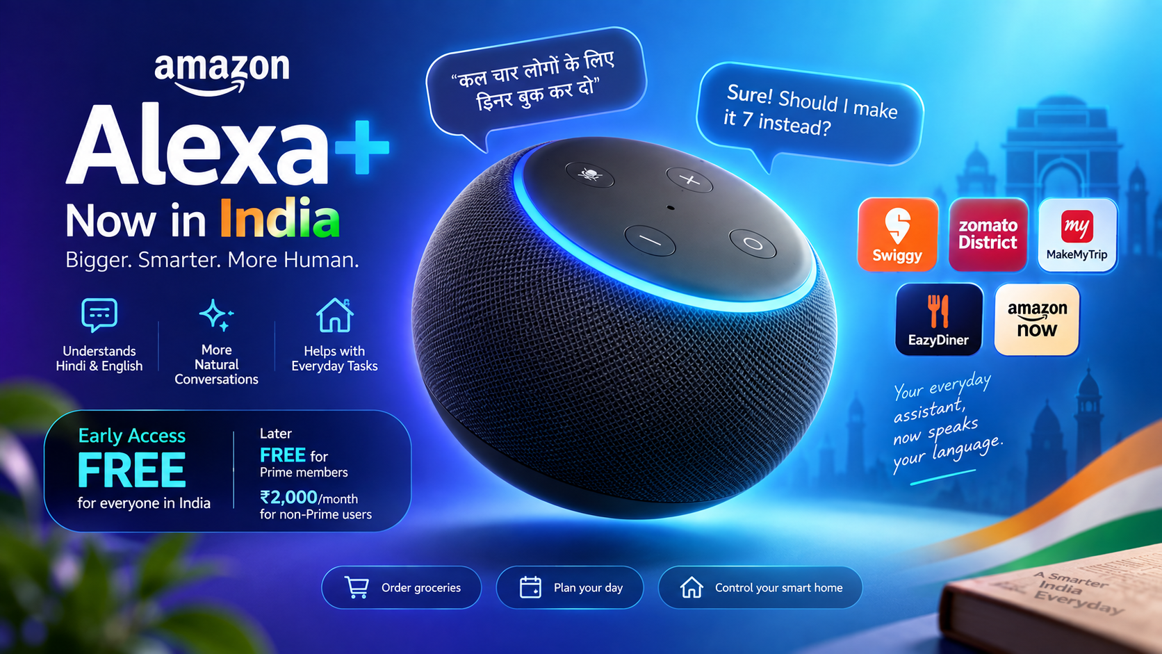 Amazon Alexa+ launch banner for India showing an Echo smart speaker with Hindi and English voice examples and Early Access pricing