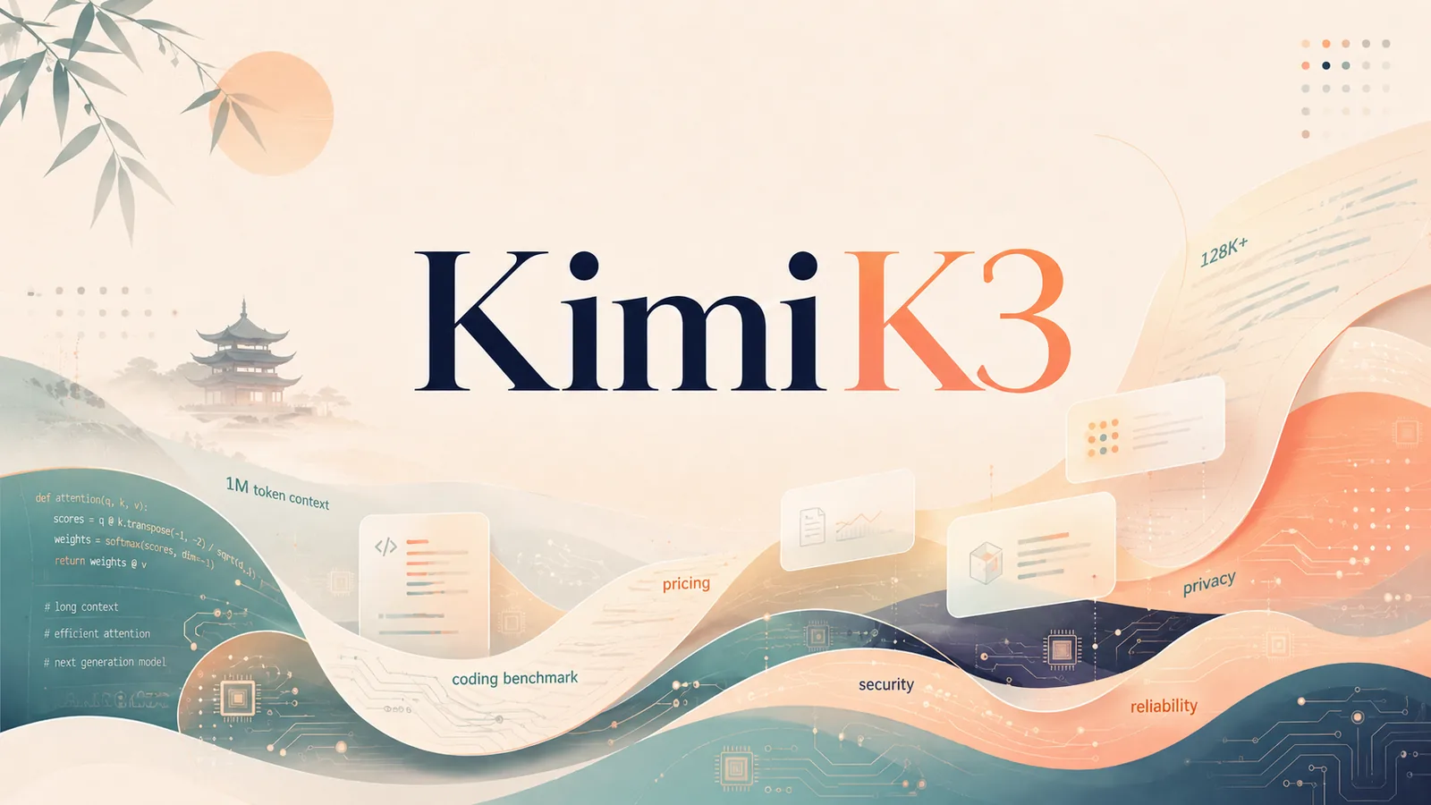 Kimi K3 AI model artwork with flowing layers labelled long context, coding benchmark, pricing and privacy