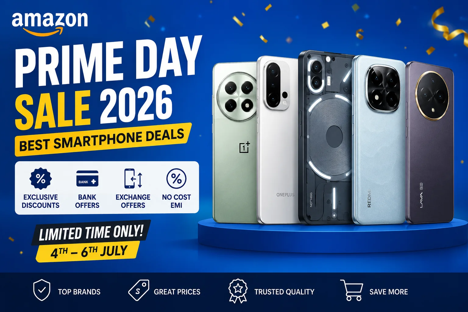 OnePlus, Nothing, Redmi and other smartphones on a stage for the Amazon Prime Day 2026 sale