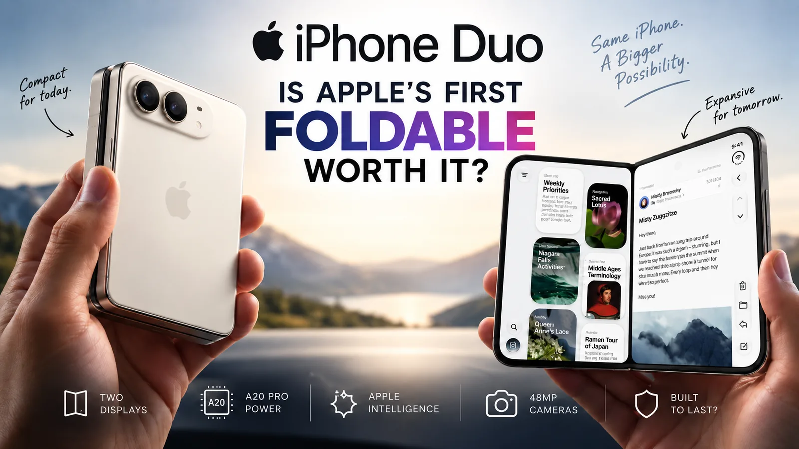 Hands holding the iPhone Duo folded shut and opened flat to show its large inner display