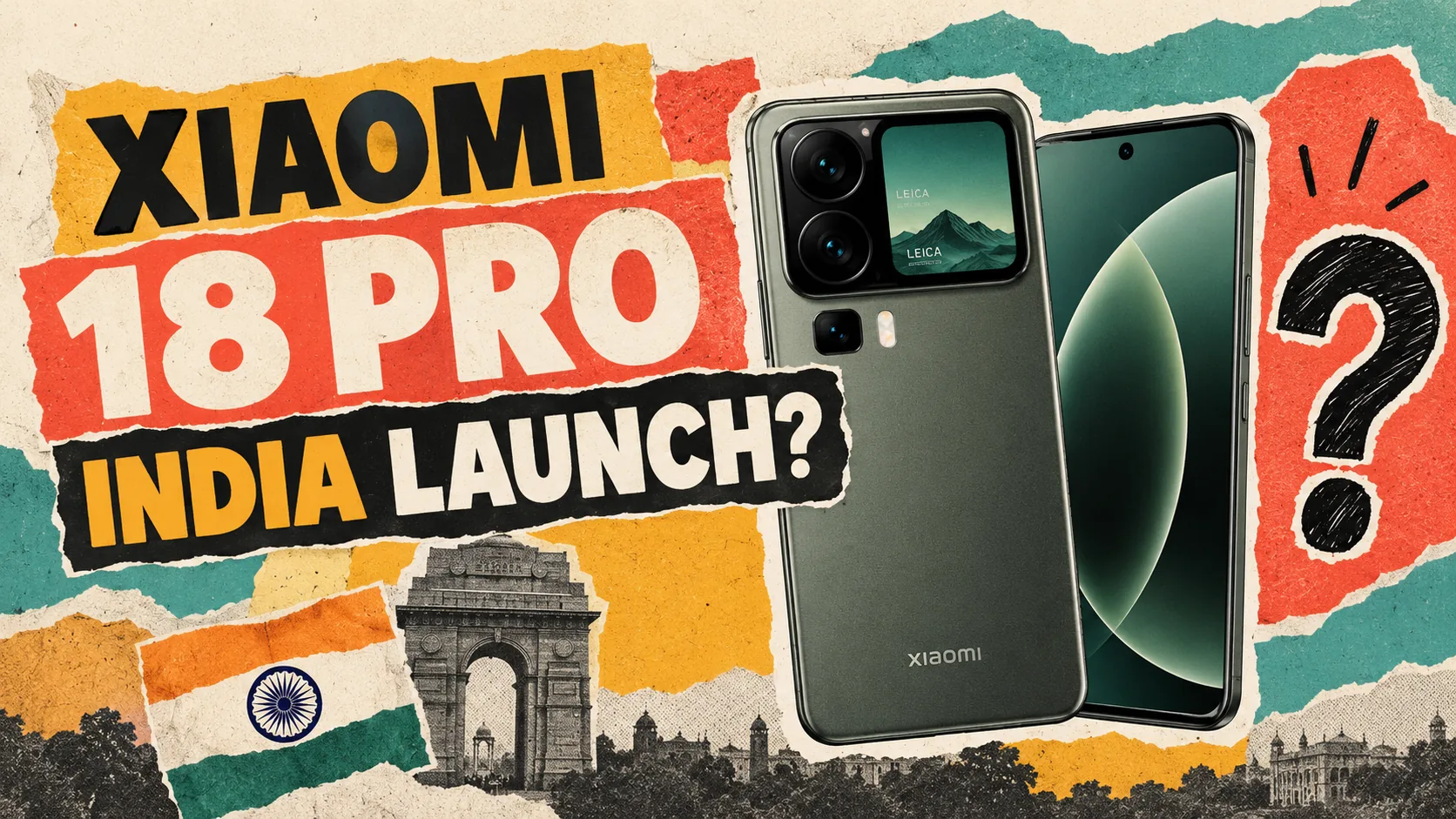 Green Xiaomi 18 Pro against India Gate and the Indian flag, with a question mark over its India launch