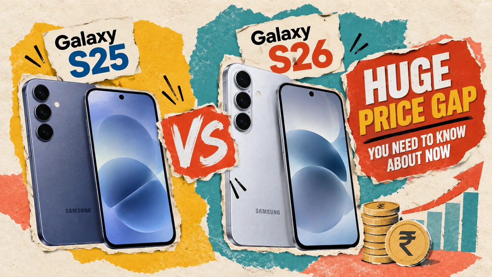 Samsung Galaxy S25 beside the Galaxy S26 in a price comparison, with stacks of rupee coins