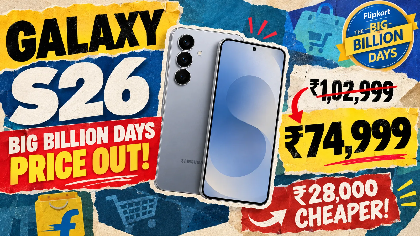 Blue Samsung Galaxy S26 at Rs 74,999 in Flipkart Big Billion Days, Rs 28,000 below its Rs 1,02,999 price