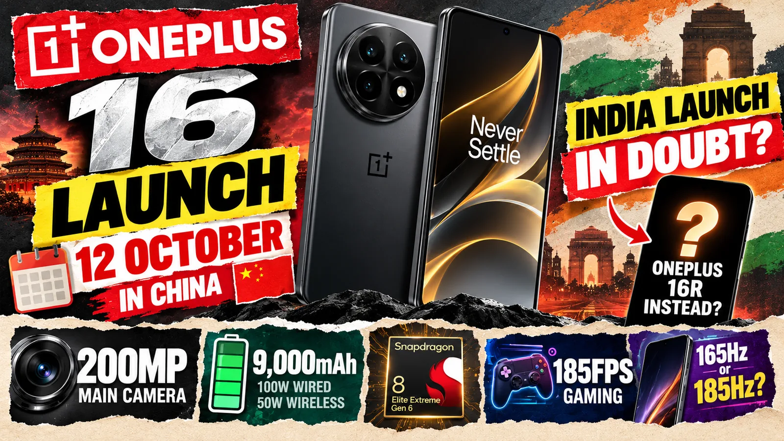 Black OnePlus 16 launching 12 October in China with its India launch in doubt, listing a 200MP camera and 9,000mAh battery