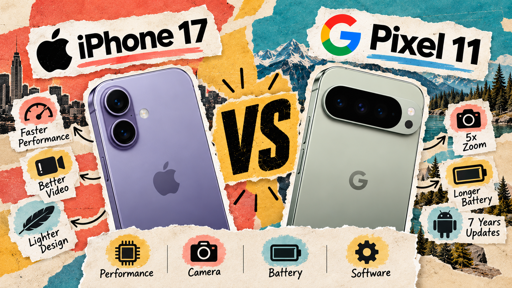 A Lavender iPhone 17 and a Pistachio green Google Pixel 11 standing side by side on a dark desk, rear cameras facing forward