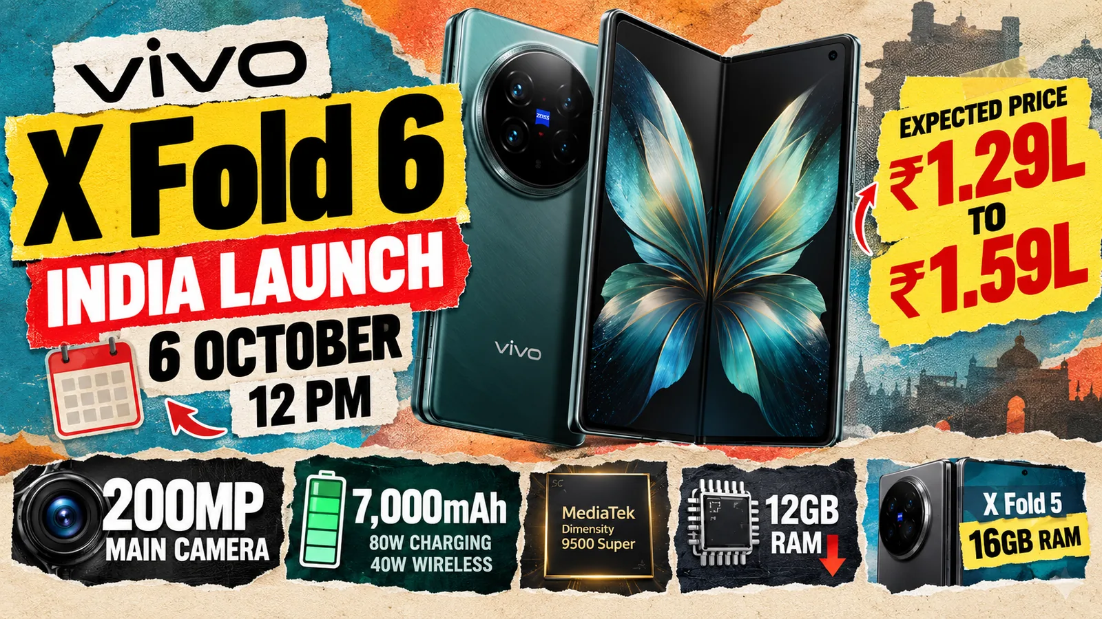 Green vivo X Fold 6 shown open and closed, launching in India on 6 October, expected between Rs 1.29 lakh and Rs 1.59 lakh